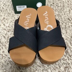 Very G Black Cross-Band Cork Wedge Slide Sandals